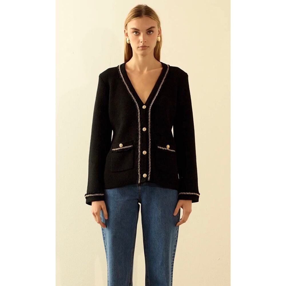 Endless Rose Cardigan Womens Size Small NWT Chain Trim Black Gold Sweater Blazer - Picture 3 of 16